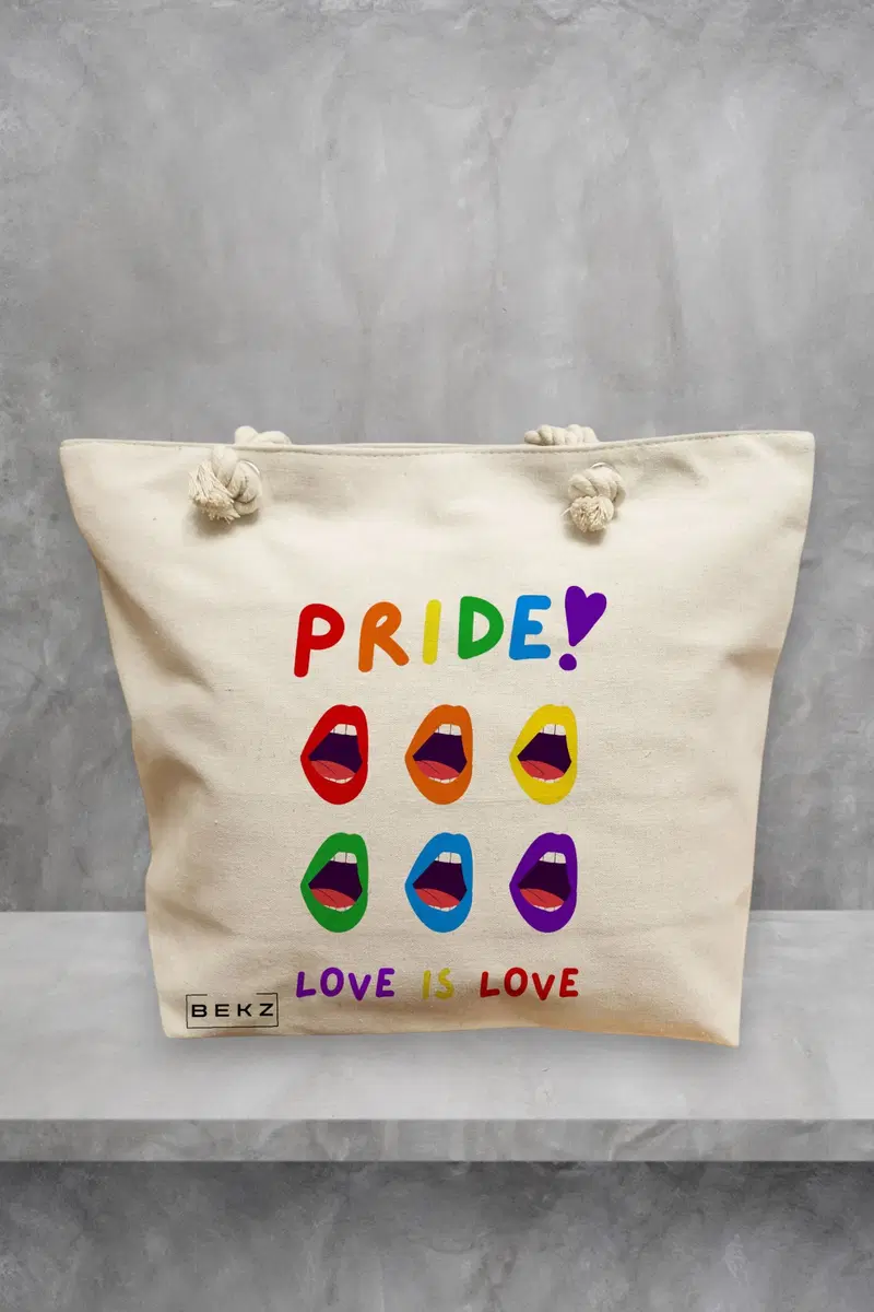Geanta de Plaja Canvas Tote pentru femei, model Pride, 40x51 cm, Bej, BEKZ®