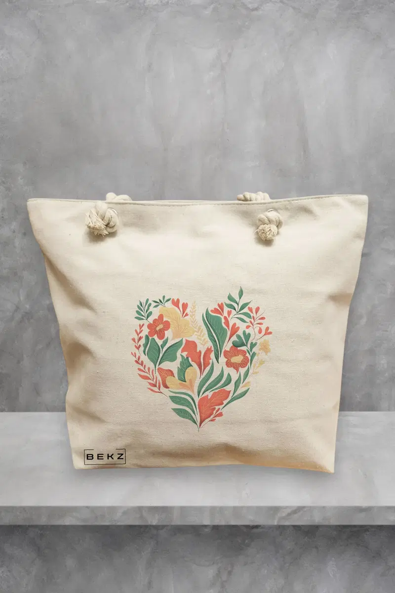 Geanta de Plaja Canvas Tote pentru femei, model Inima Florala, 40x51 cm, Bej, BEKZ®