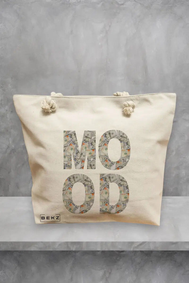 Geanta de Plaja Canvas Tote pentru femei, model Money Mood, 40x51 cm, Bej, BEKZ®