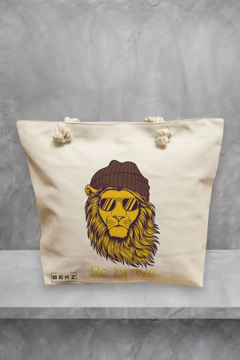 Geanta de Plaja Canvas Tote pentru femei, model Be Brave, 40x51 cm, Bej, BEKZ®