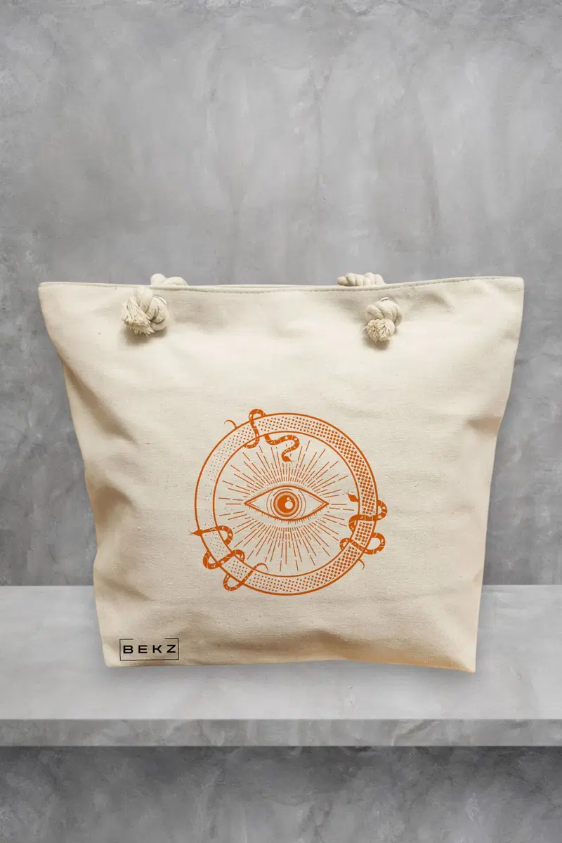 Geanta de Plaja Canvas Tote pentru femei, model Mystic Eye, 40x51 cm, Bej, BEKZ®