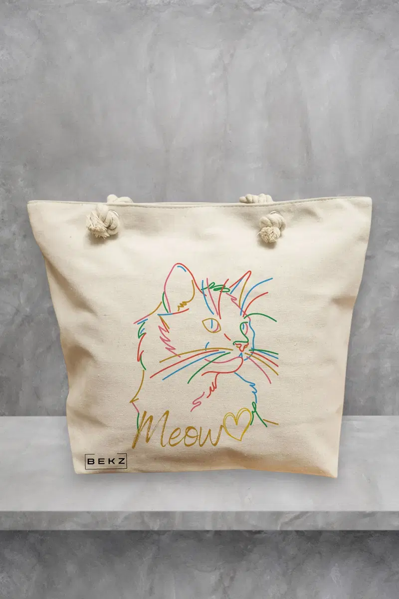 Geanta de Plaja Canvas Tote pentru femei, model Meow, 40x51 cm, Bej, BEKZ®