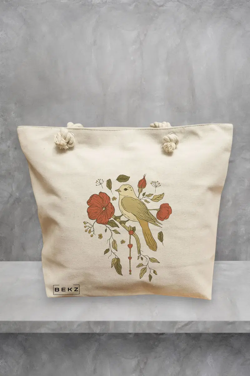 Geanta de Plaja Canvas Tote pentru femei, model Cantec Floral, 40x51 cm, Bej, BEKZ®