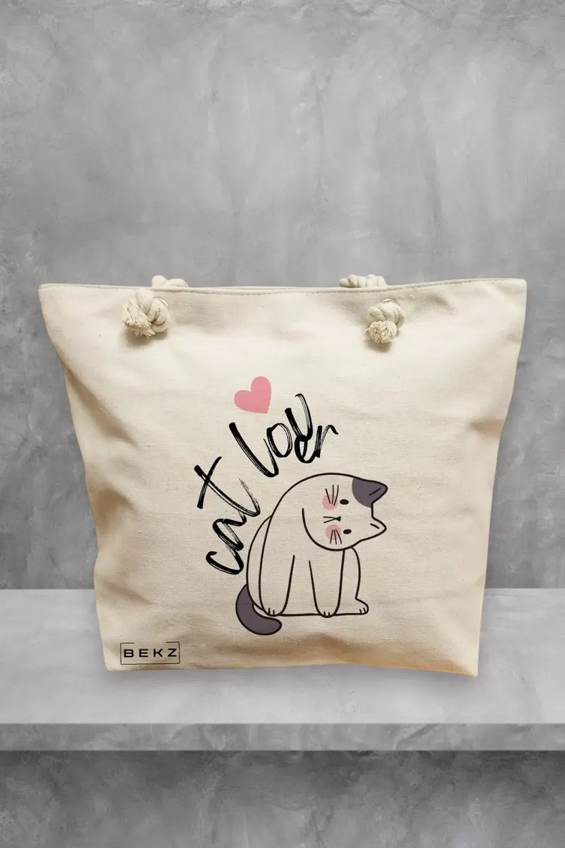 Geanta de Plaja Canvas Tote pentru femei, model Cat Lover, 40x51 cm, Bej, BEKZ®