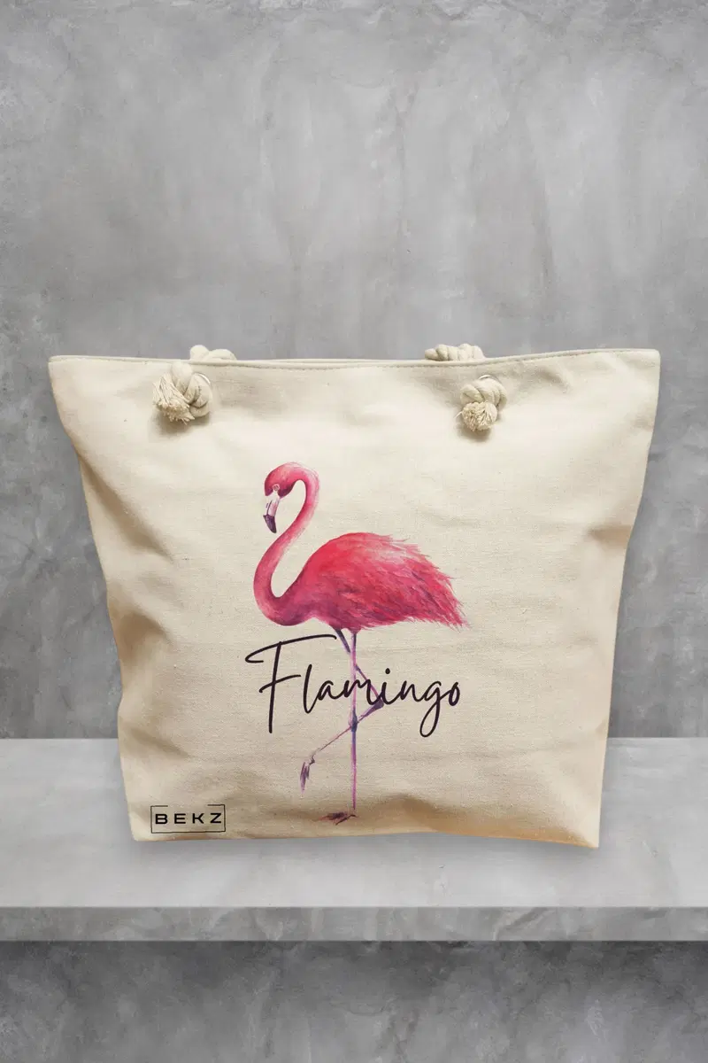 Geanta de Plaja Canvas Tote pentru femei, model Flamingo, 40x51 cm, Bej, BEKZ®