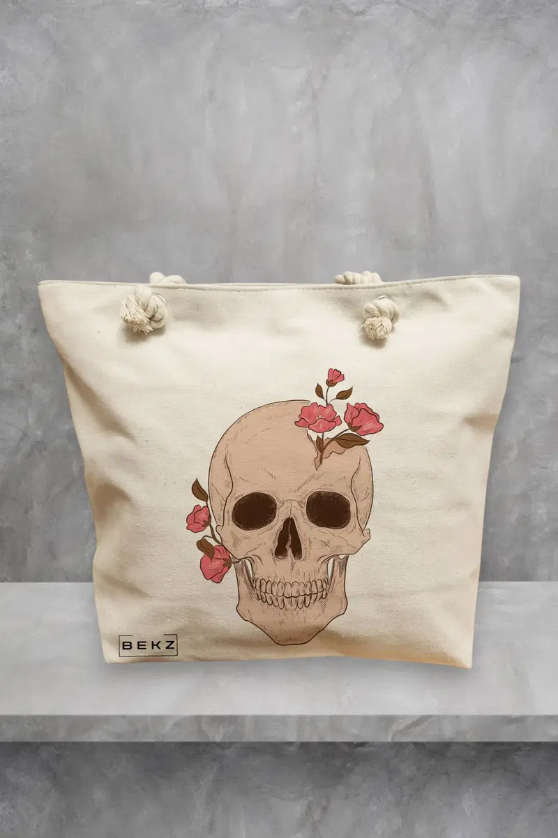 Geanta de Plaja Canvas Tote pentru femei, model Floral Skull, 40x51 cm, Bej, BEKZ®