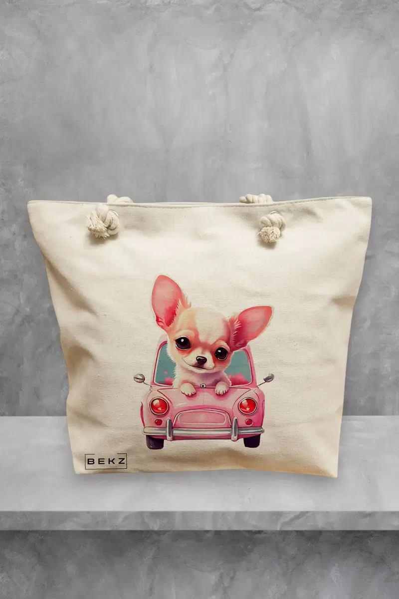 Geanta de Plaja Canvas Tote pentru femei, model Chihuahua the Driver, 40x51 cm, Bej, BEKZ®