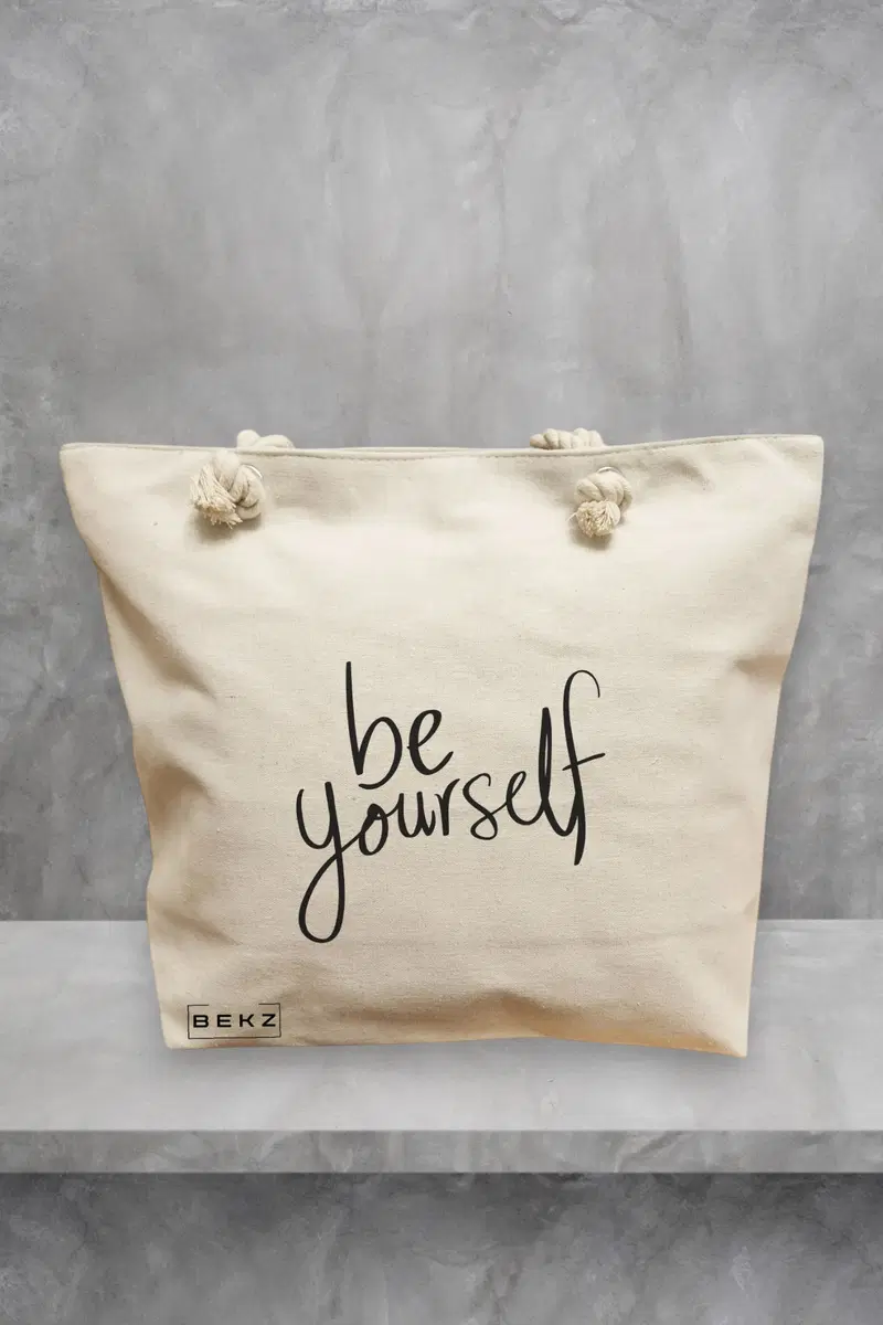 Geanta de Plaja Canvas Tote pentru femei, model Be Yourself, 40x51 cm, Bej, BEKZ®