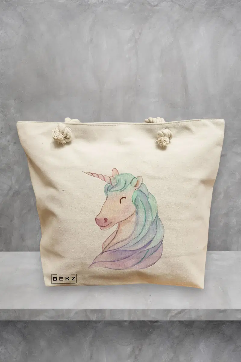 Geanta de Plaja Canvas Tote pentru femei, model Unicorn, 40x51 cm, Bej, BEKZ®