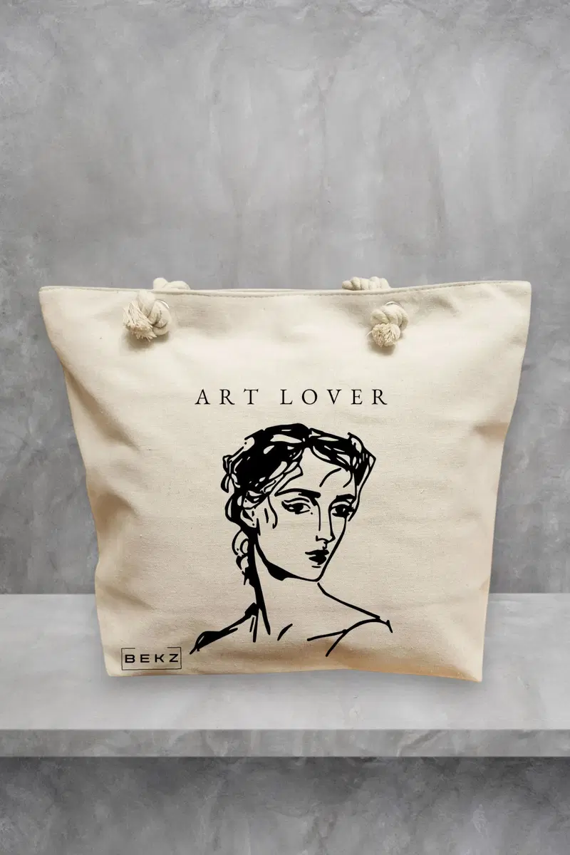 Geanta de Plaja Canvas Tote pentru femei, model Art Lover, 40x51 cm, Bej, BEKZ®