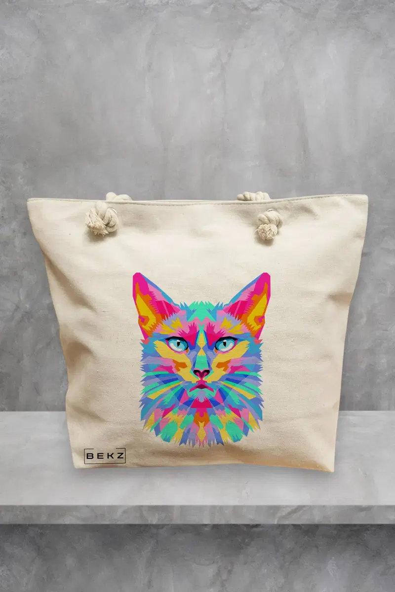 Geanta de Plaja Canvas Tote pentru femei, model Colorful Geometric Cat, 40x51 cm, Bej, BEKZ®