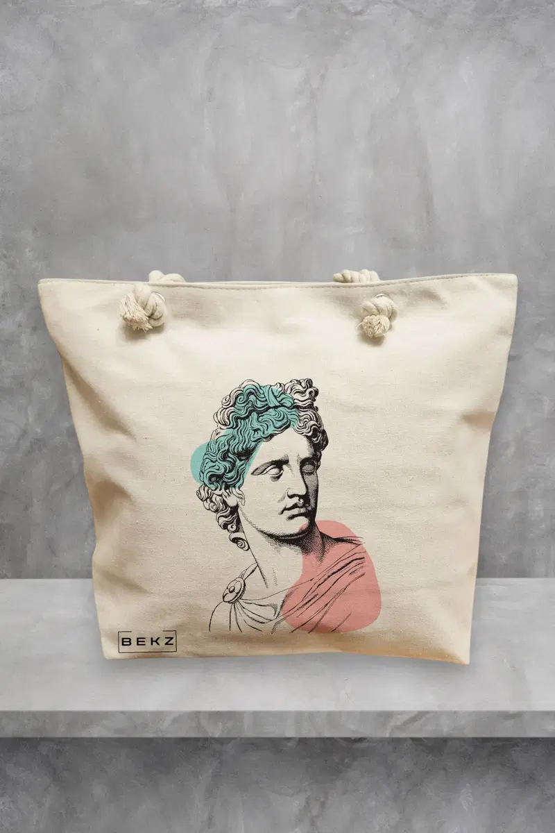 Geanta de Plaja Canvas Tote pentru femei, model Modern Classic Statue, 40x51 cm, Bej, BEKZ®