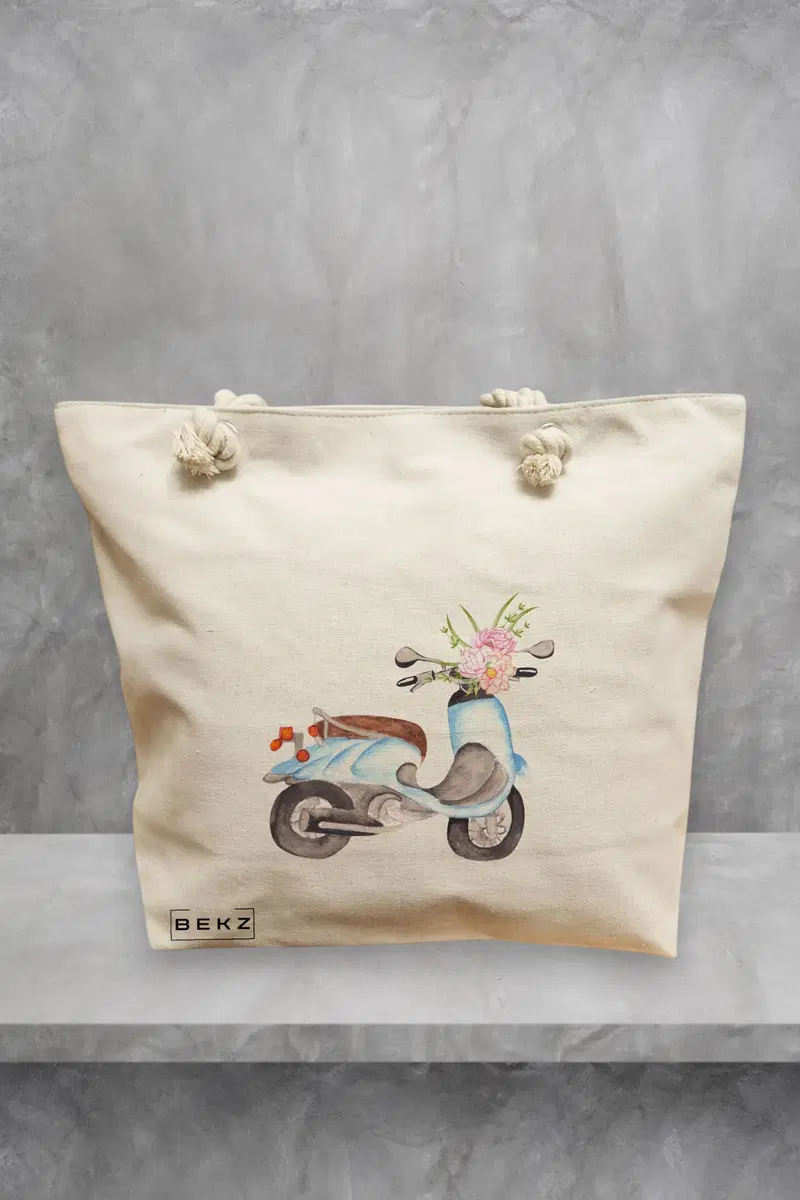 Geanta de Plaja Canvas Tote pentru femei, model Floral Bike, 40x51 cm, Bej, BEKZ®