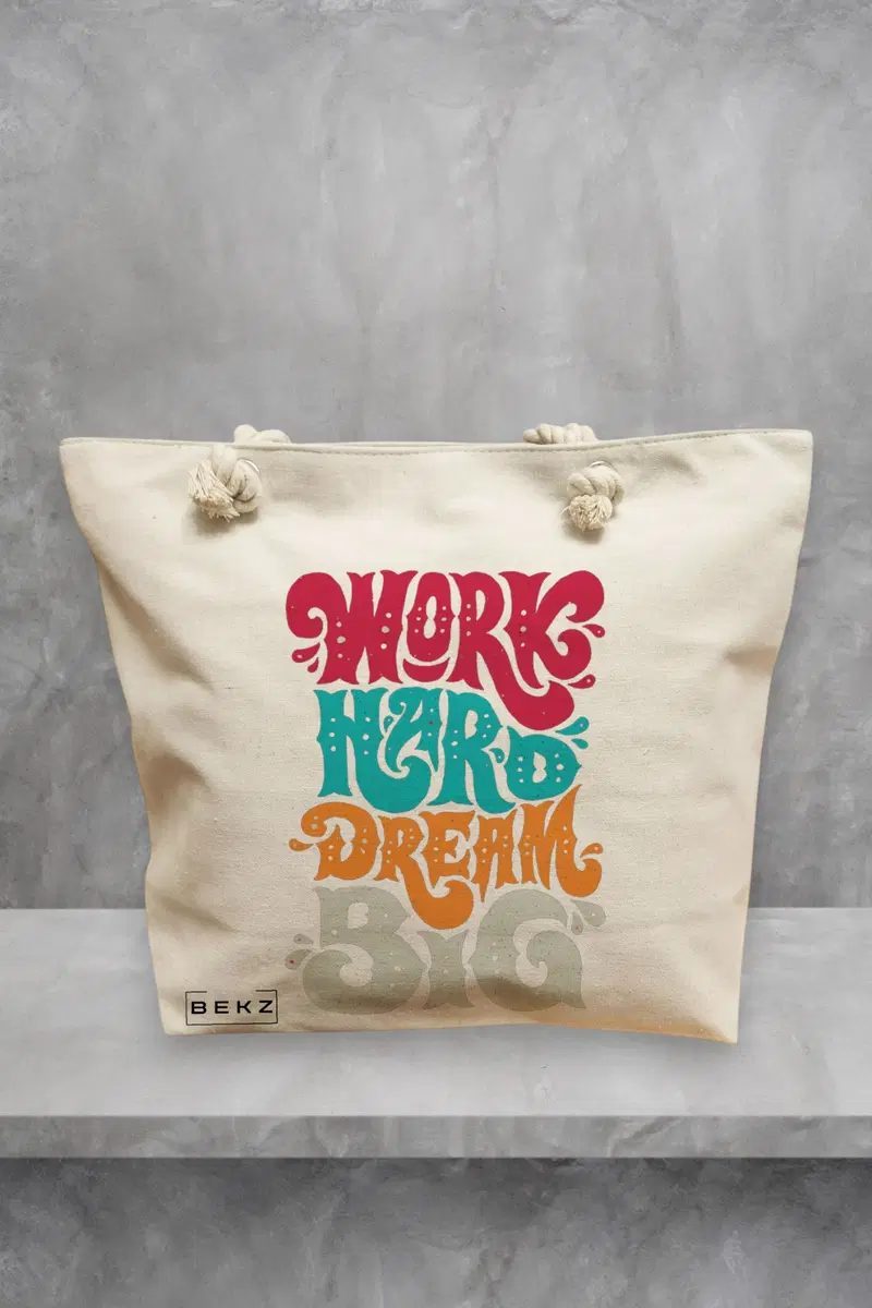 Geanta de Plaja Canvas Tote pentru femei, model Work Hard Dream Big, 40x51 cm, Bej, BEKZ®