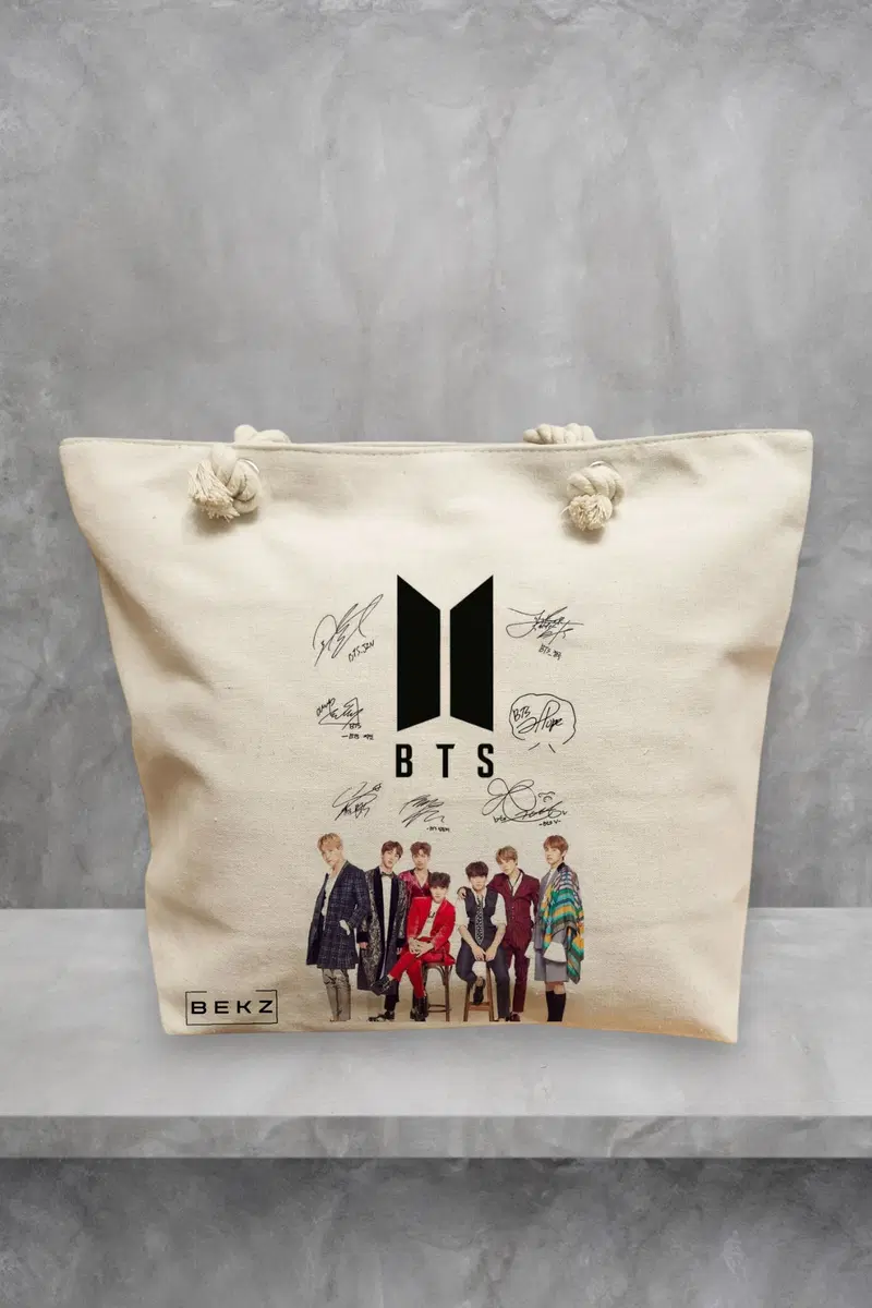 Geanta de Plaja Canvas Tote pentru femei, model BTS Army 1, 40x51 cm, Bej, BEKZ®