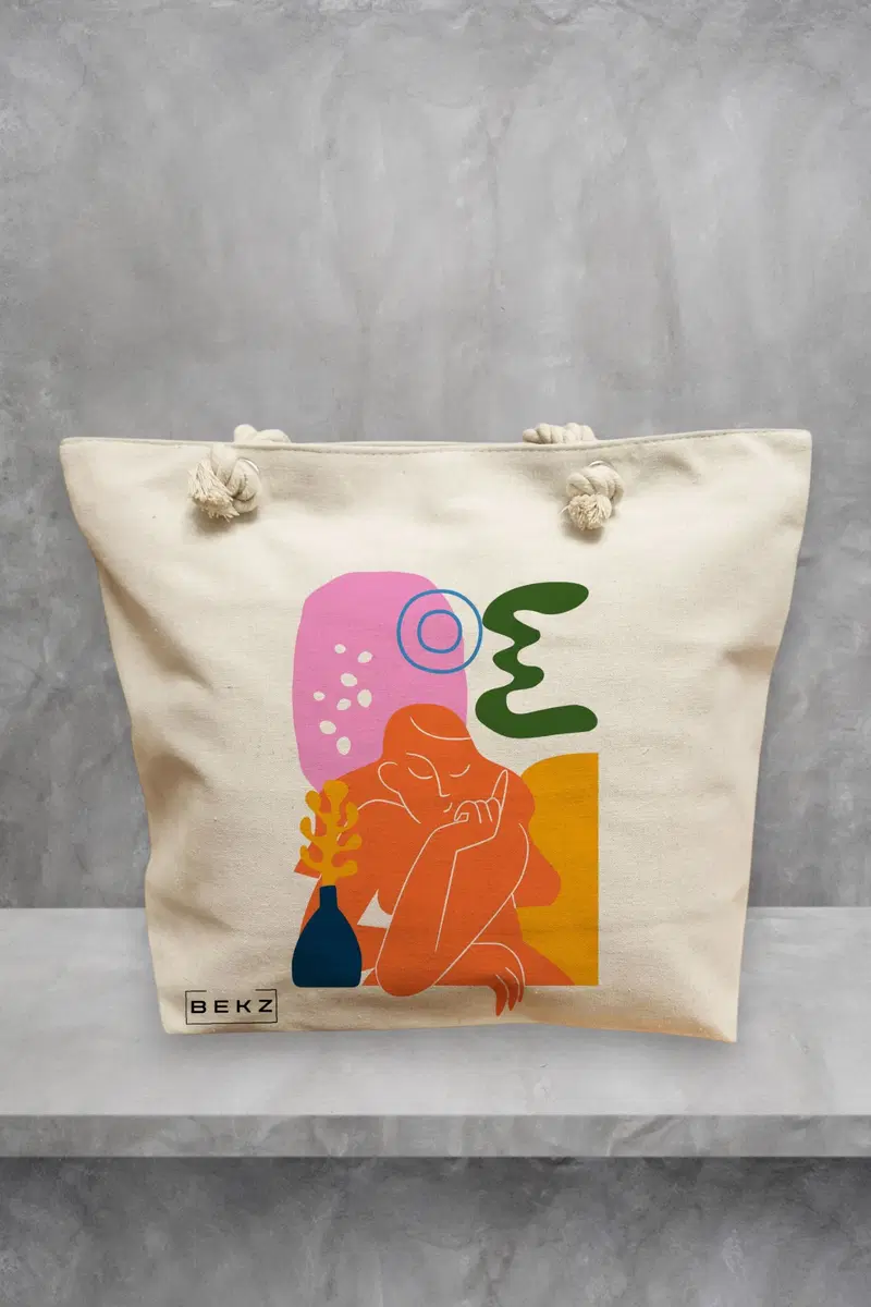 Geanta de Plaja Canvas Tote pentru femei, model Contemplatie Abstracta, 40x51 cm, Bej, BEKZ®