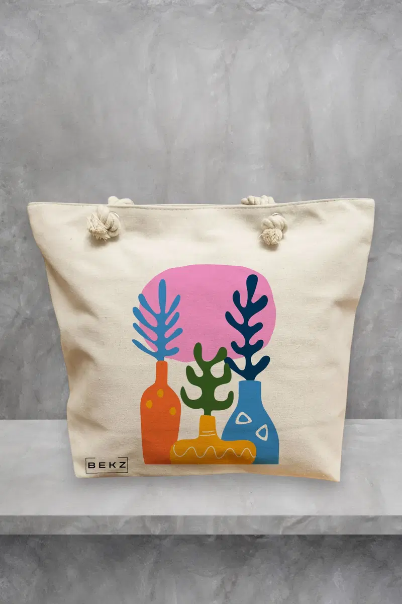 Geanta de Plaja Canvas Tote pentru femei, model Gradina Abstracta, 40x51 cm, Bej, BEKZ®