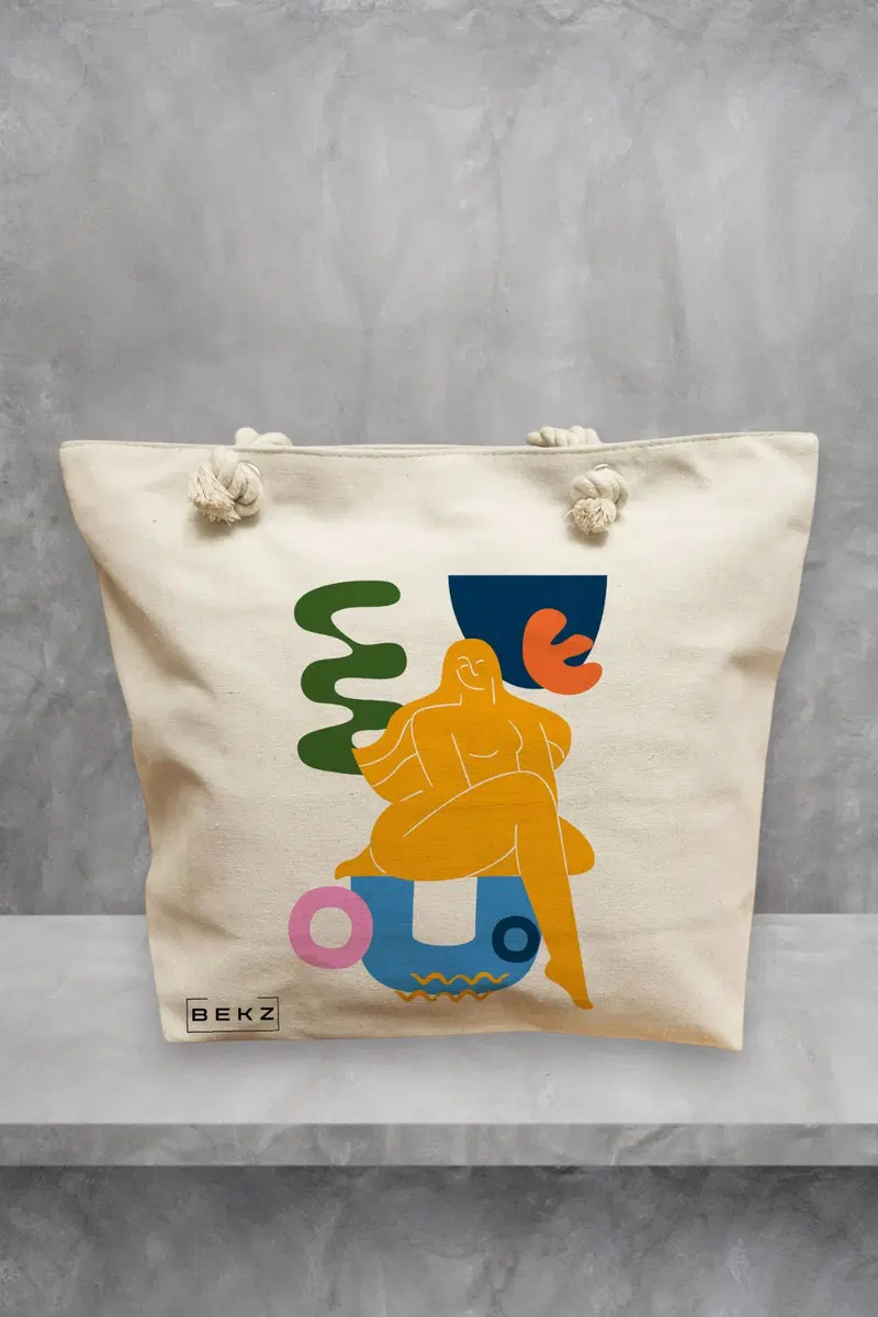 Geanta de Plaja Canvas Tote pentru femei, model Abstract Human Art, 40x51 cm, Bej, BEKZ®