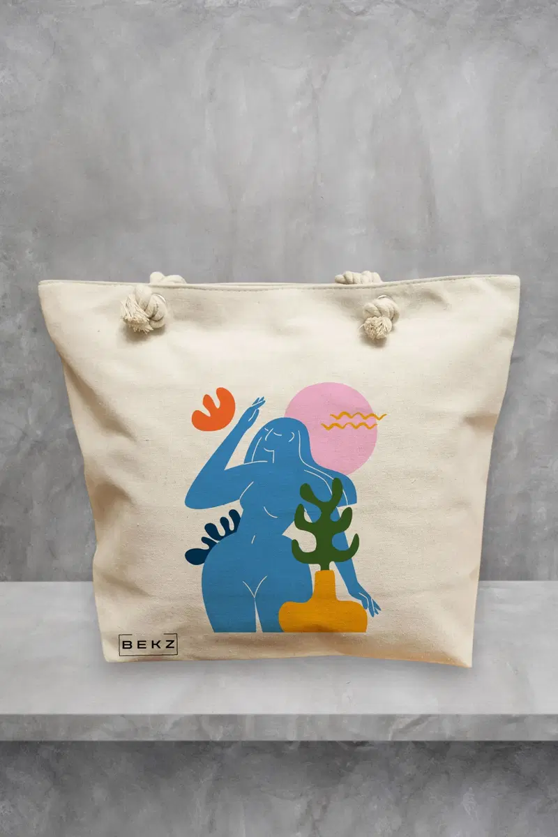 Geanta de Plaja Canvas Tote pentru femei, model Abstract Connection, 40x51 cm, Bej, BEKZ®