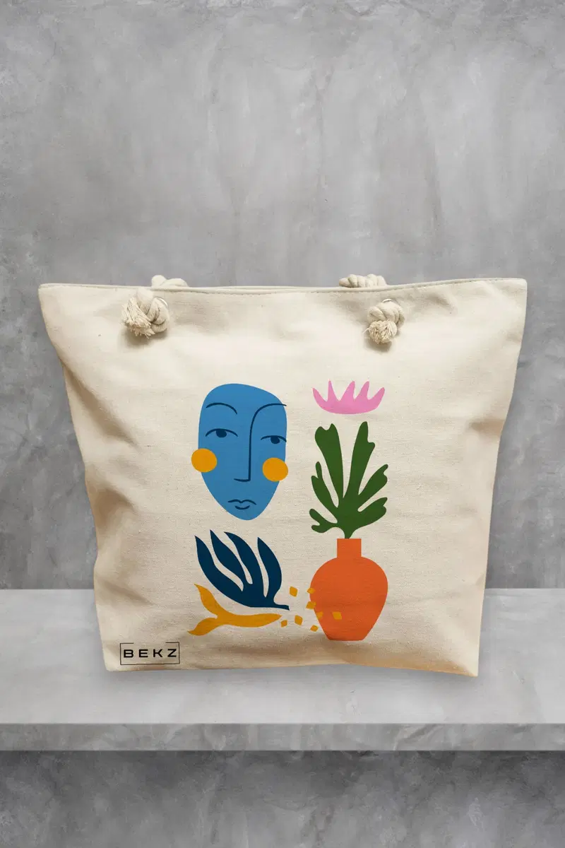 Geanta de Plaja Canvas Tote pentru femei, model Forms and Faces, 40x51 cm, Bej, BEKZ®