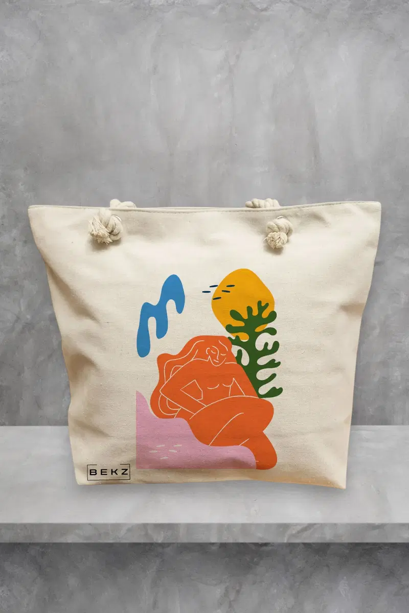 Geanta de Plaja Canvas Tote pentru femei, model Abstract Connection 2, 40x51 cm, Bej, BEKZ®