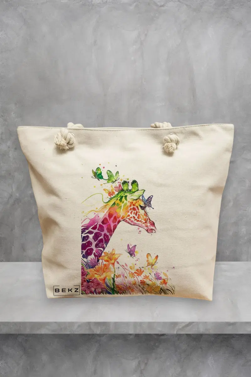 Geanta de Plaja Canvas Tote pentru femei, model Colorful Giraffe, 40x51 cm, Bej, BEKZ®