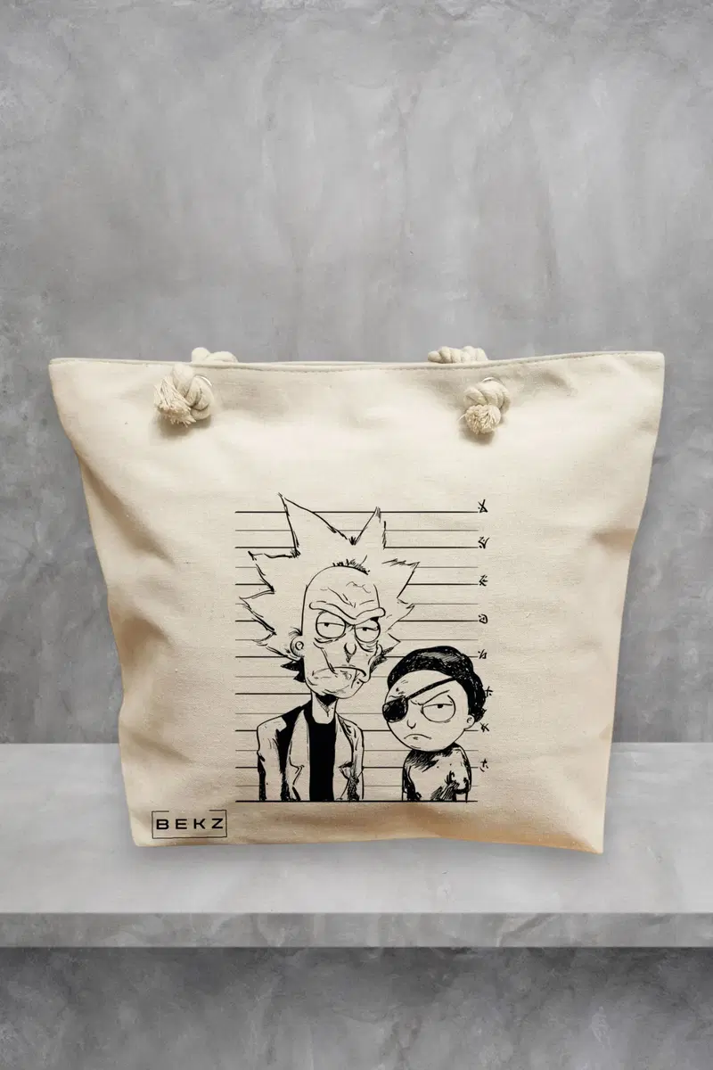 Geanta de Plaja Canvas Tote pentru femei, model Rick and Morty, 40x51 cm, Bej, BEKZ®
