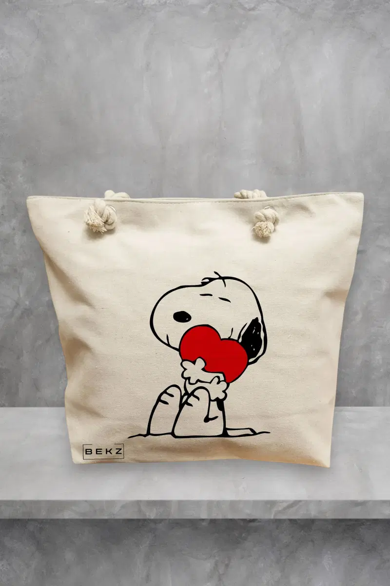 Geanta de Plaja Canvas Tote pentru femei, model Doggo Love, 40x51 cm, Bej, BEKZ®