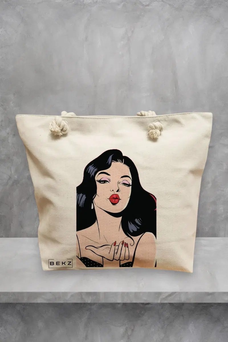 Geanta de Plaja Canvas Tote pentru femei, model Stylish Girl, 40x51 cm, Bej, BEKZ®