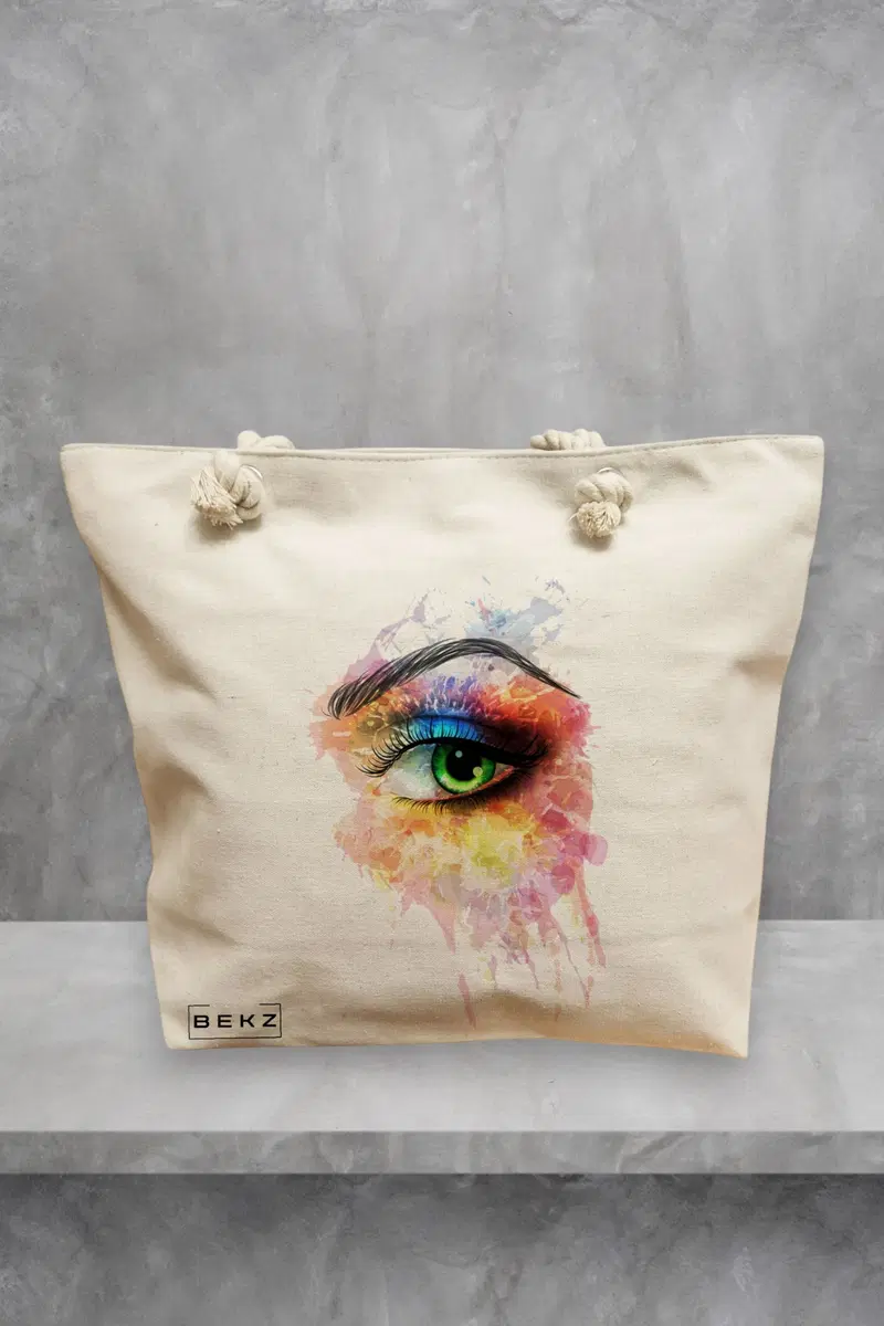 Geanta de Plaja Canvas Tote pentru femei, model Eye Art Pattern, 40x51 cm, Bej, BEKZ®