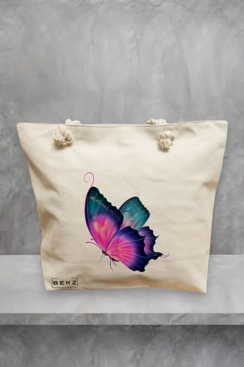 Geanta de Plaja Canvas Tote pentru femei, model Colorful Butterfly, 40x51 cm, Bej, BEKZ®