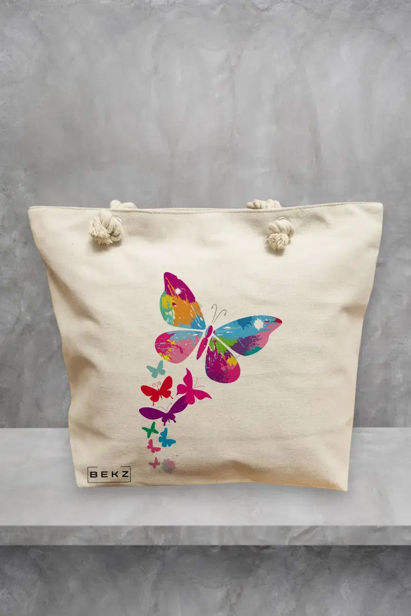 Geanta de Plaja Canvas Tote pentru femei, model Watercolor Butterfly, 40x51 cm, Bej, BEKZ®
