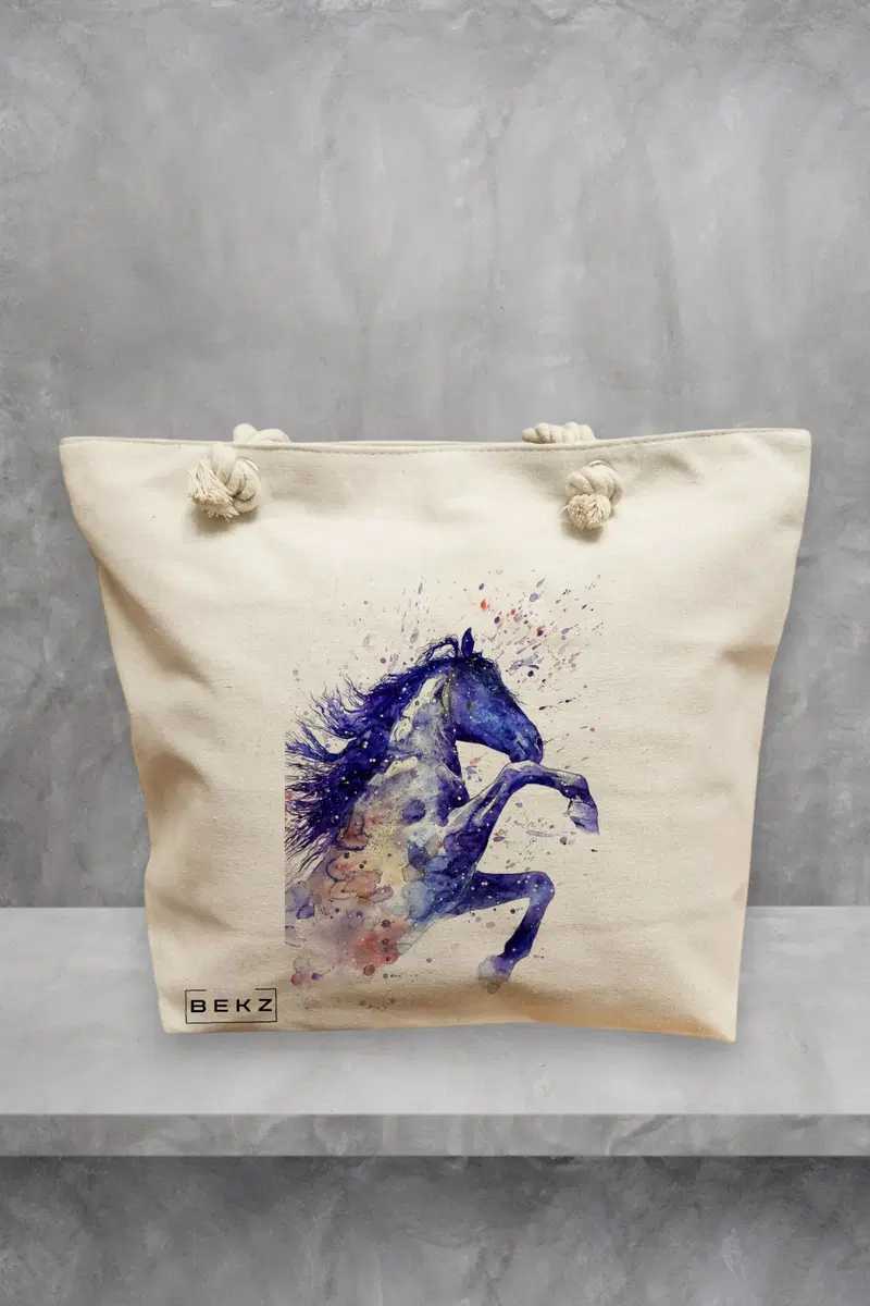Geanta de Plaja Canvas Tote pentru femei, model Watercolor Horse, 40x51 cm, Bej, BEKZ®