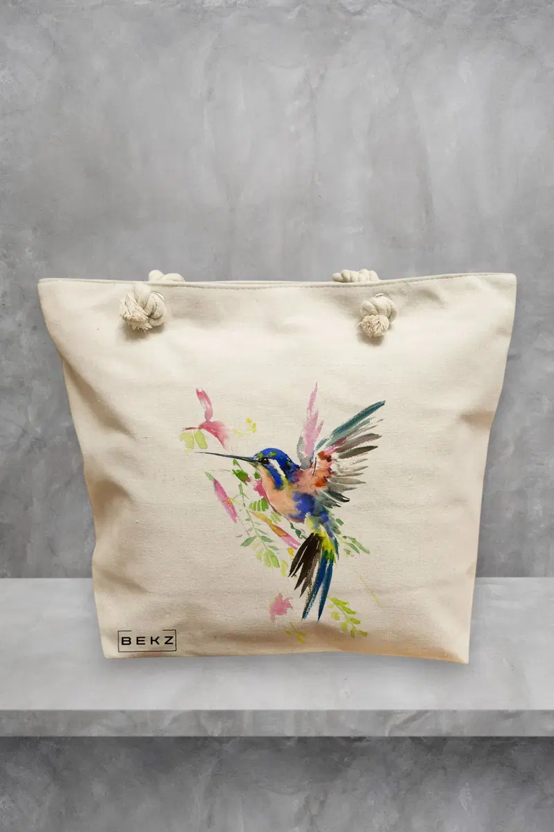 Geanta de Plaja Canvas Tote pentru femei, model Watercolor Bird, 40x51 cm, Bej, BEKZ®