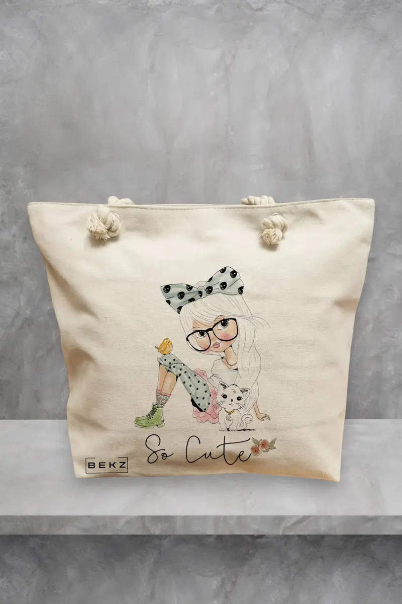 Geanta de Plaja Canvas Tote pentru femei, model So Cute, 40x51 cm, Bej, BEKZ®