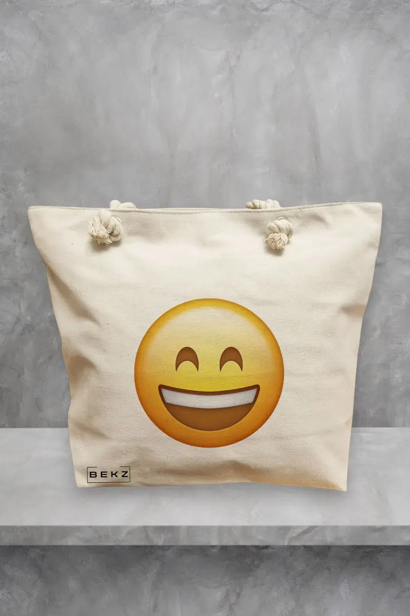 Geanta de Plaja Canvas Tote pentru femei, model Happy Emoji, 40x51 cm, Bej, BEKZ®