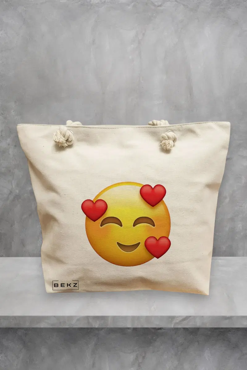 Geanta de Plaja Canvas Tote pentru femei, model In Love, 40x51 cm, Bej, BEKZ®