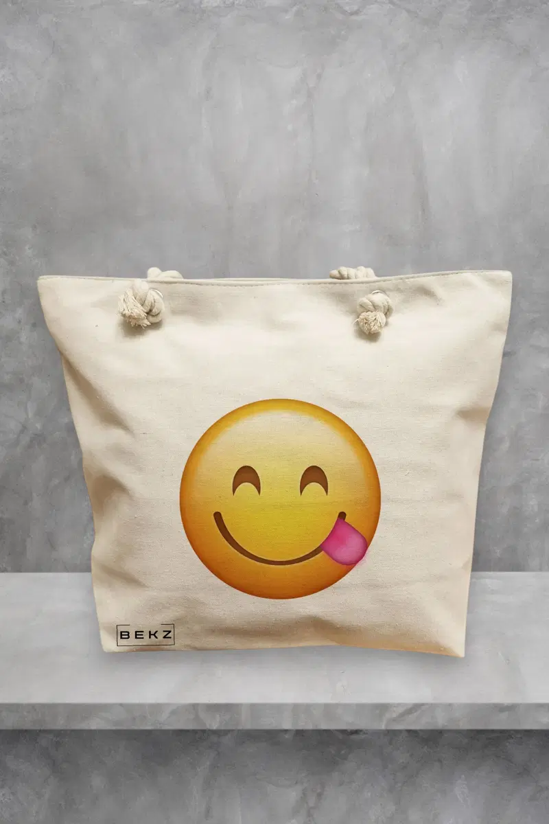 Geanta de Plaja Canvas Tote pentru femei, model Playful, 40x51 cm, Bej, BEKZ®
