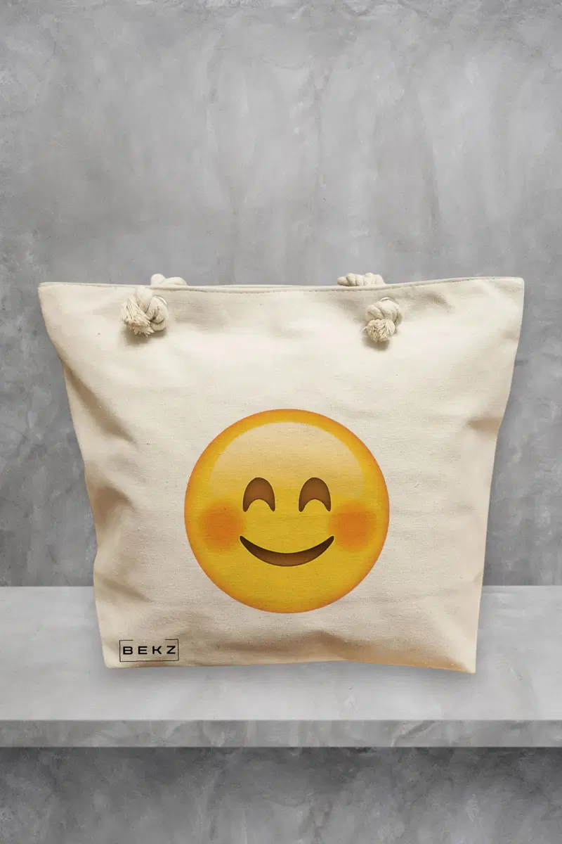 Geanta de Plaja Canvas Tote pentru femei, model Smiling Emoji, 40x51 cm, Bej, BEKZ®