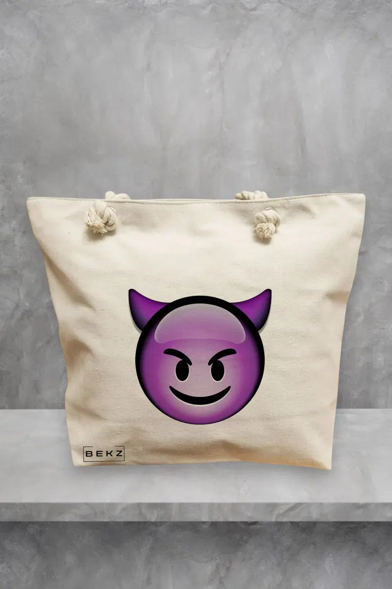 Geanta de Plaja Canvas Tote pentru femei, model Devil, 40x51 cm, Bej, BEKZ®