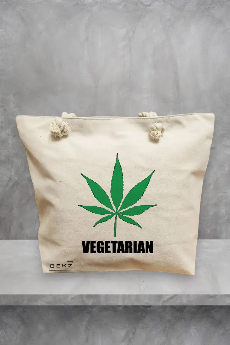 Geanta de Plaja Canvas Tote pentru femei, model Vegetarian, 40x51 cm, Bej, BEKZ®