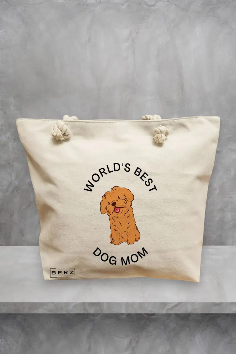Geanta de Plaja Canvas Tote pentru femei, model World’s best dog mom, 40x51 cm, Bej, BEKZ®