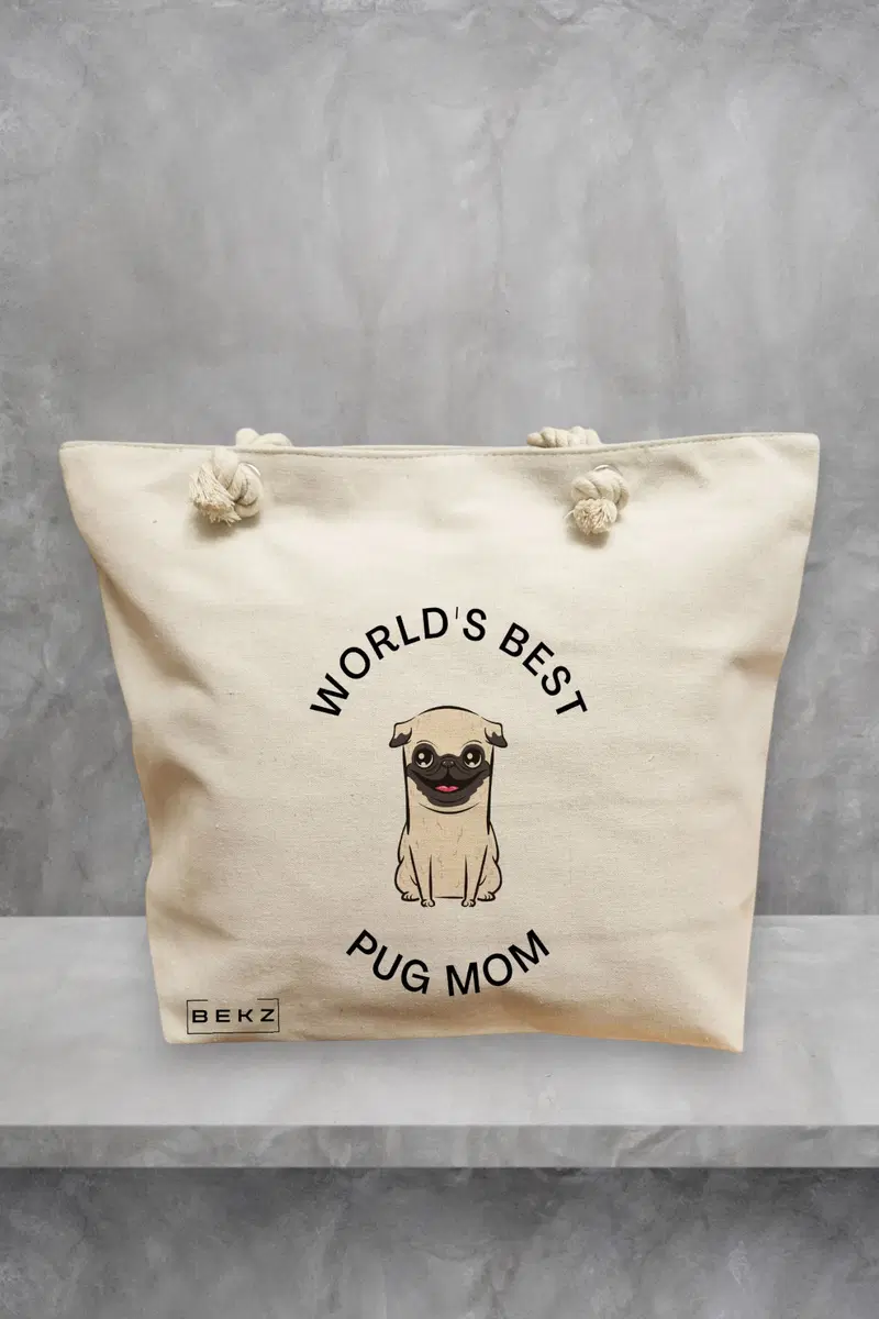 Geanta de Plaja Canvas Tote pentru femei, model World’s best pug mom, 40x51 cm, Bej, BEKZ®