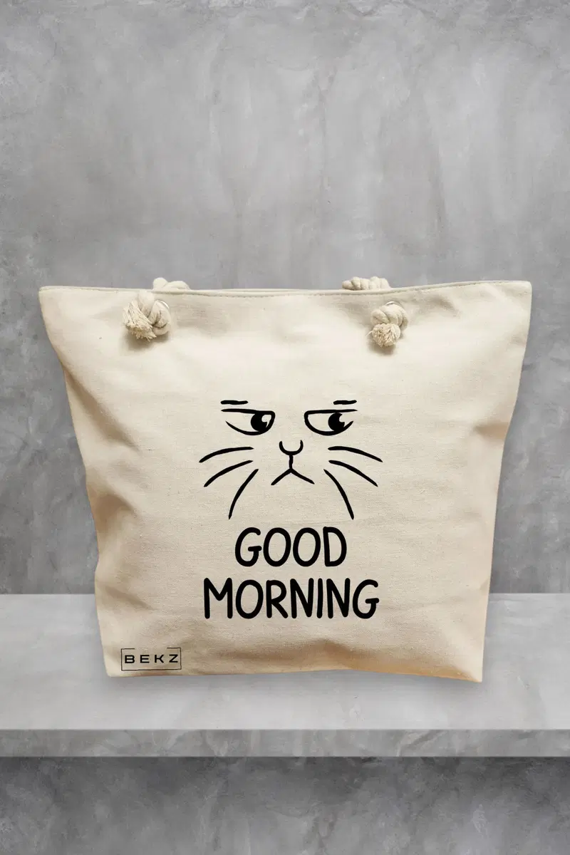 Geanta de Plaja Canvas Tote pentru femei, model Good Morning, 40x51 cm, Bej, BEKZ®