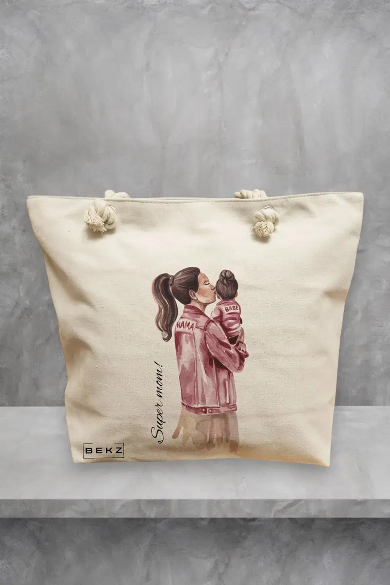 Geanta de Plaja Canvas Tote pentru femei, model Super Mom 3, 40x51 cm, Bej, BEKZ®