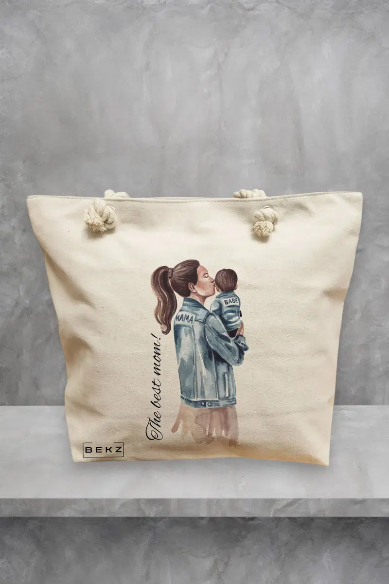 Geanta de Plaja Canvas Tote pentru femei, model The best mom, 40x51 cm, Bej, BEKZ®