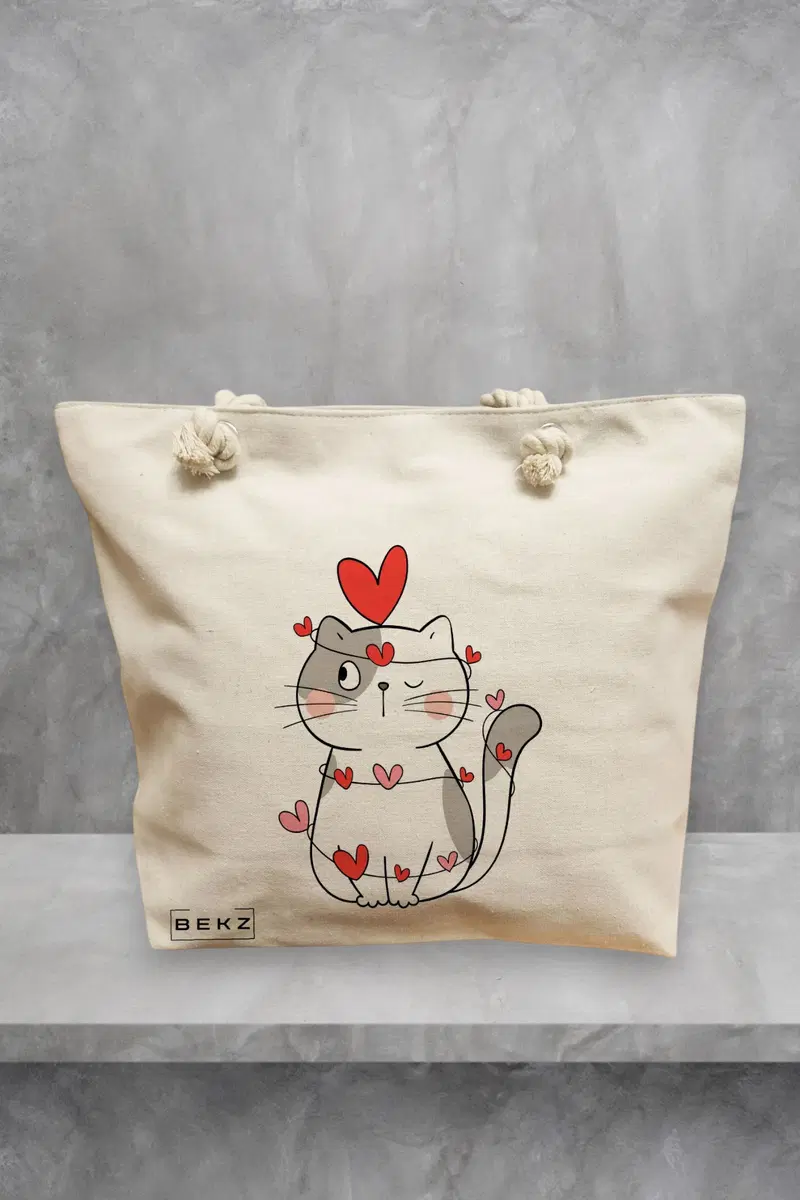Geanta de Plaja Canvas Tote pentru femei, model Kitty Love, 40x51 cm, Bej, BEKZ®