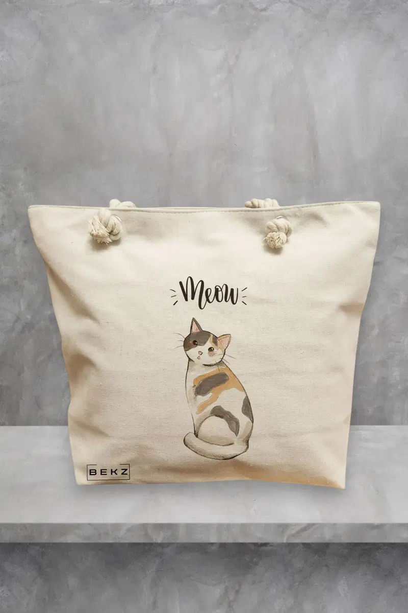 Geanta de Plaja Canvas Tote pentru femei, model Meow 2, 40x51 cm, Bej, BEKZ®