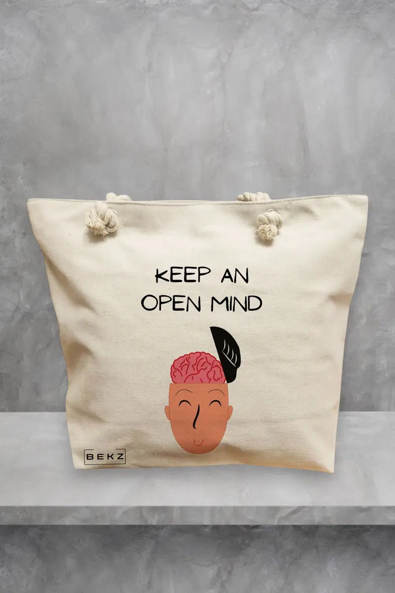 Geanta de Plaja Canvas Tote pentru femei, model Keep an open mind, 40x51 cm, Bej, BEKZ®