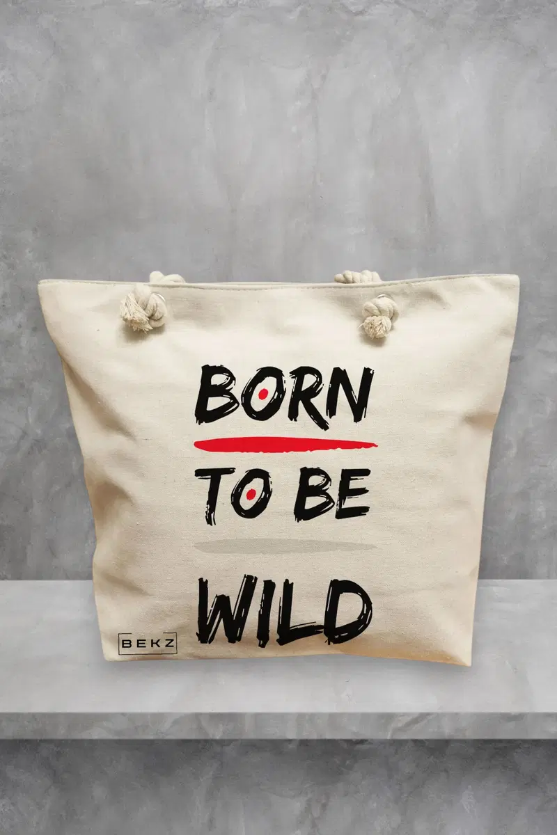 Geanta de Plaja Canvas Tote pentru femei, model Born to be wild, 40x51 cm, Bej, BEKZ®